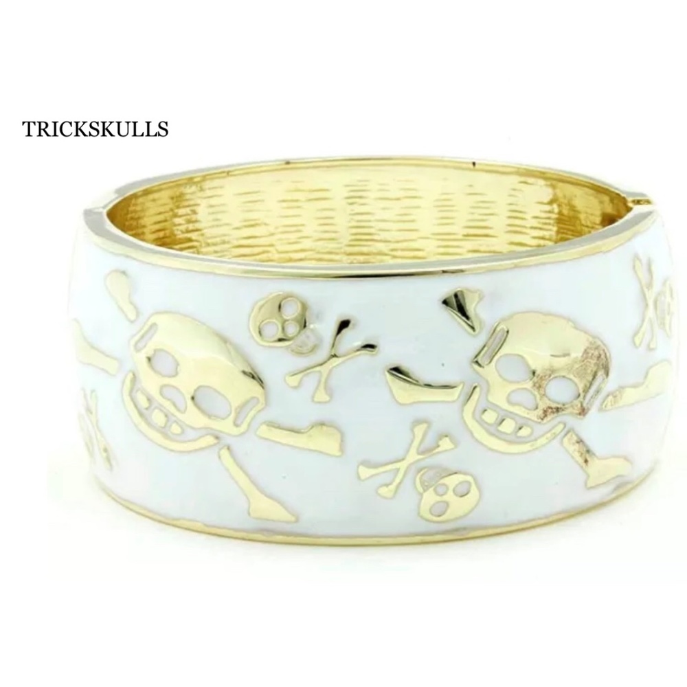 White Enamel Gold Tone Punk Goth Biker Hinged Cuff Bangle Bracelet New & Sealed!